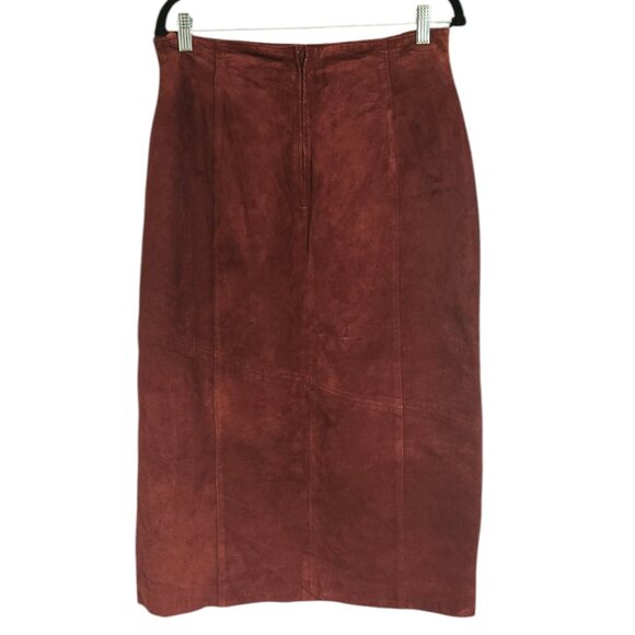 Rusty Brown Suede Leather Side Slit Midi Skirt Petite Size 14 - Picture 7 of 10